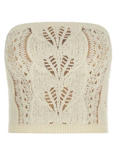 Ermanno Scervino Strapless Cropped Knit Top With Sheer Accents In White