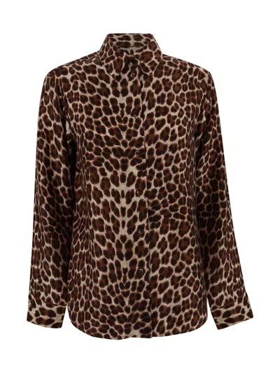 P.a.r.o.s.h . Leopard Print Silk Shirt With Pointed Collar And Overfit Silhouette In Brown