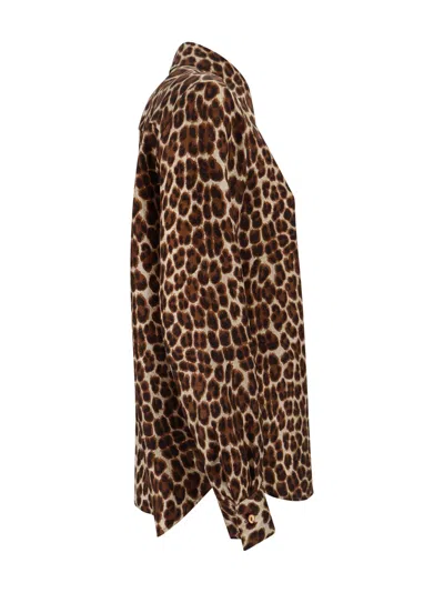 P.a.r.o.s.h . Leopard Print Silk Shirt With Pointed Collar And Overfit Silhouette In Brown