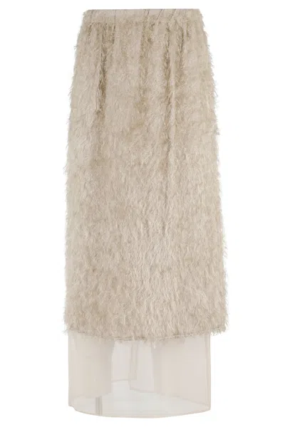 Alysi Fringe Overlay Midi Skirt With Tulle Underskirt In Neutral