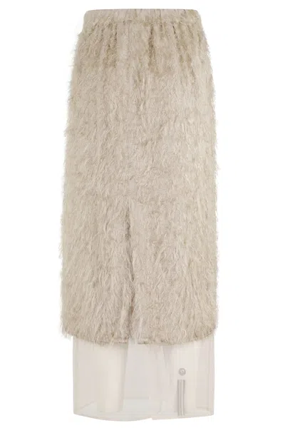 Alysi Fringe Overlay Midi Skirt With Tulle Underskirt In Neutral