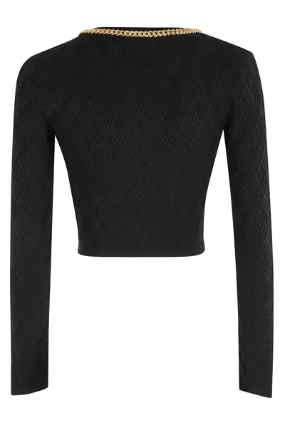 Elisabetta Franchi Diamond Knit Cardigan With Black Jewel Detail In Black
