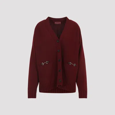 Gucci Women Bordeaux V-neck Cardigan With Metal Clamps On The Front In Wool And Cashmere Blend Woman In Brown