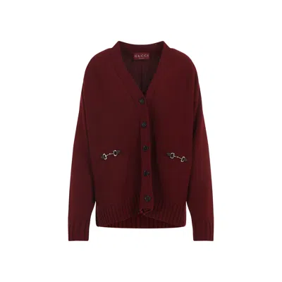 Gucci Women Bordeaux V-neck Cardigan With Metal Clamps On The Front In Wool And Cashmere Blend Woman In Brown