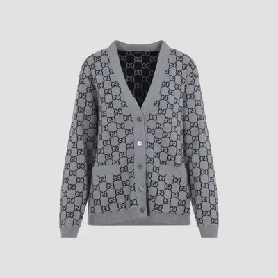 Gucci Wool Jacquard Cardigan With Gg Shadow In Grey