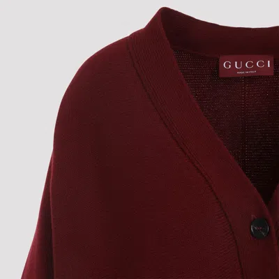 Gucci Women Bordeaux V-neck Cardigan With Metal Clamps On The Front In Wool And Cashmere Blend Woman In Brown