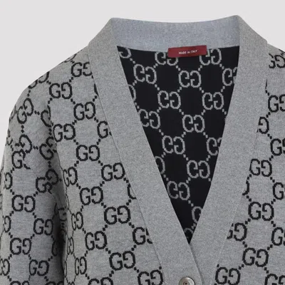 Gucci Wool Jacquard Cardigan With Gg Shadow In Grey
