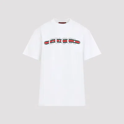 Gucci Women White Crewneck T-shirt Wth Web Print With Logo Lettering On The Front In Cotton Woman