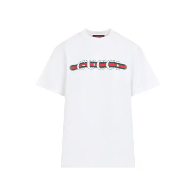 Gucci Women White Crewneck T-shirt Wth Web Print With Logo Lettering On The Front In Cotton Woman