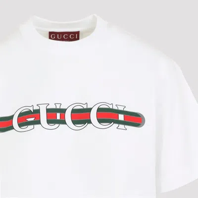 Gucci Women White Crewneck T-shirt Wth Web Print With Logo Lettering On The Front In Cotton Woman