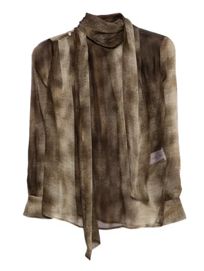 Elisabetta Franchi Sheer Silk Blouse With Integrated Scarf In Brown