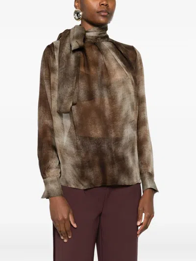 Elisabetta Franchi Sheer Silk Blouse With Integrated Scarf In Brown