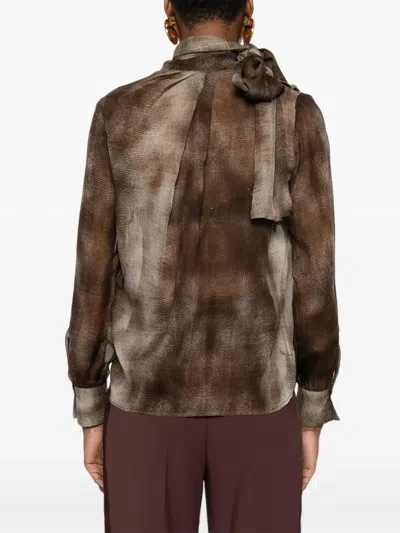 Elisabetta Franchi Sheer Silk Blouse With Integrated Scarf In Brown