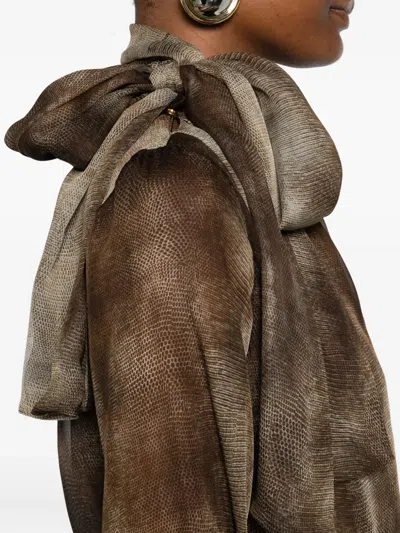 Elisabetta Franchi Sheer Silk Blouse With Integrated Scarf In Brown