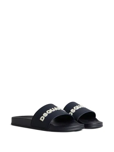 Dsquared2 Navy Blue Polyurethane Slippers With Minimalist Design And Leather Sole In Blue