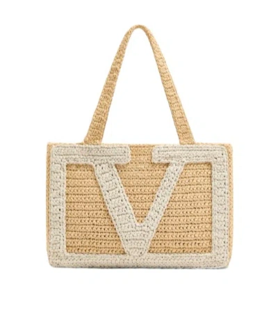 Valentino Garavani Viva Superstar Medium Shopping Bag In Raffia In Brown