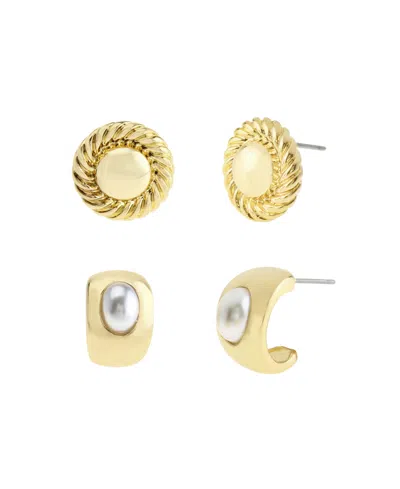 Steve Madden Faux Mother Of Pearl Ribbed Circle Cuff Duo Earring Set In Gold