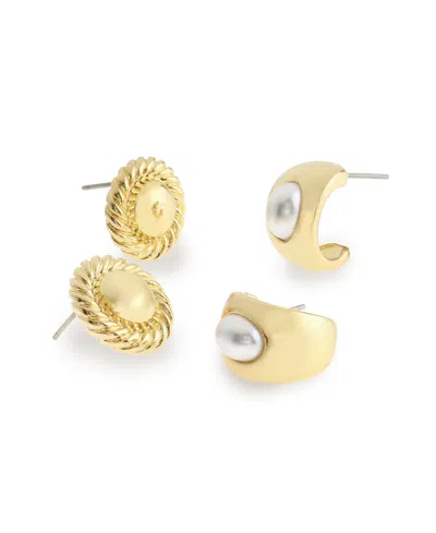 Steve Madden Faux Mother Of Pearl Ribbed Circle Cuff Duo Earring Set In Gold