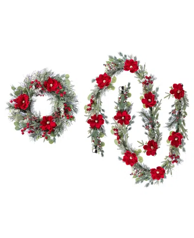 Glitzhome Christmas Magnolia Berry Wreath And Matched Garlands, Set Of 3 In Multi