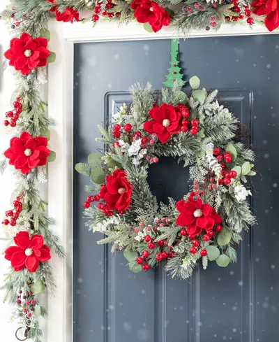 Glitzhome Christmas Magnolia Berry Wreath And Matched Garlands, Set Of 3 In Multi