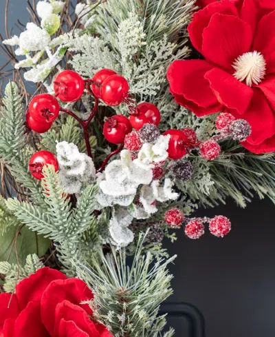 Glitzhome Christmas Magnolia Berry Wreath And Matched Garlands, Set Of 3 In Multi