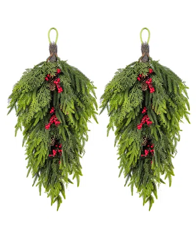 Glitzhome Christmas Greenery Dripping Teardrops With Pinecones And Red Berries, Set Of 2 In Multi