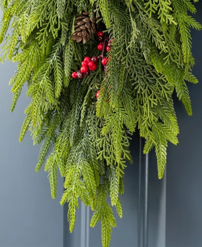 Glitzhome Christmas Greenery Dripping Teardrops With Pinecones And Red Berries, Set Of 2 In Multi