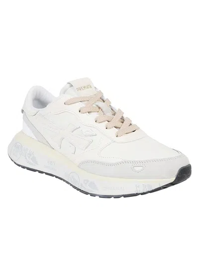 Premiata Light Beige Calf Leather Low-top Sneakers With Metallic Accents In Multi