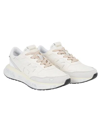 Premiata Light Beige Calf Leather Low-top Sneakers With Metallic Accents In Multi