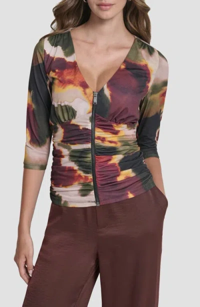 Dkny Women's 3/4-sleeve Zip Front Top In Multi