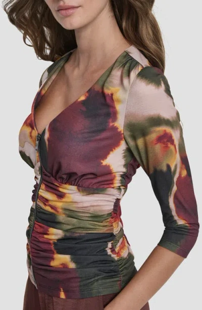 Dkny Women's 3/4-sleeve Zip Front Top In Multi