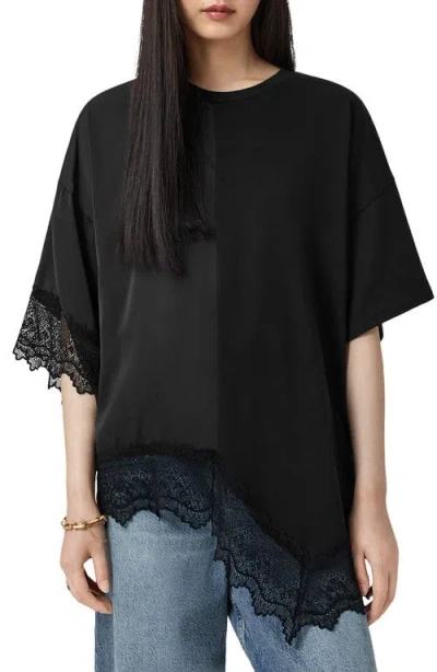 Allsaints Womens Black Lenny Round-neck Lace-embroidered Cotton T-shirt In Black