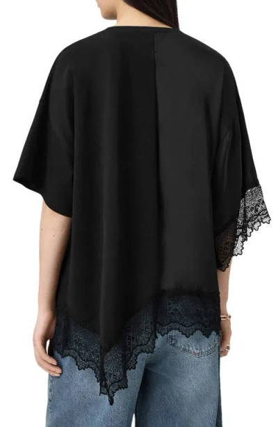 Allsaints Womens Black Lenny Round-neck Lace-embroidered Cotton T-shirt In Black