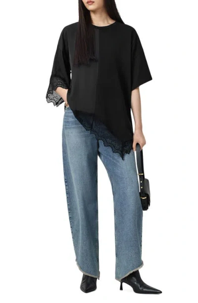 Allsaints Womens Black Lenny Round-neck Lace-embroidered Cotton T-shirt In Black