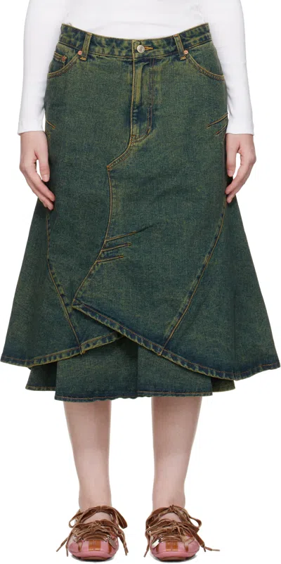 Andersson Bell Blue Custom Flare Layered Denim Midi Skirt In Green