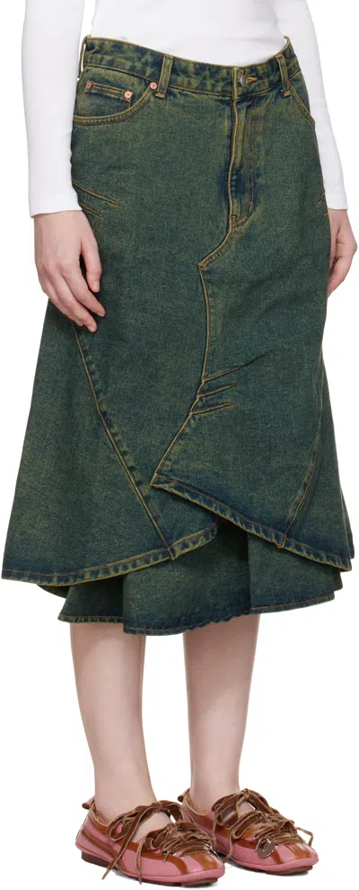 Andersson Bell Blue Custom Flare Layered Denim Midi Skirt In Green