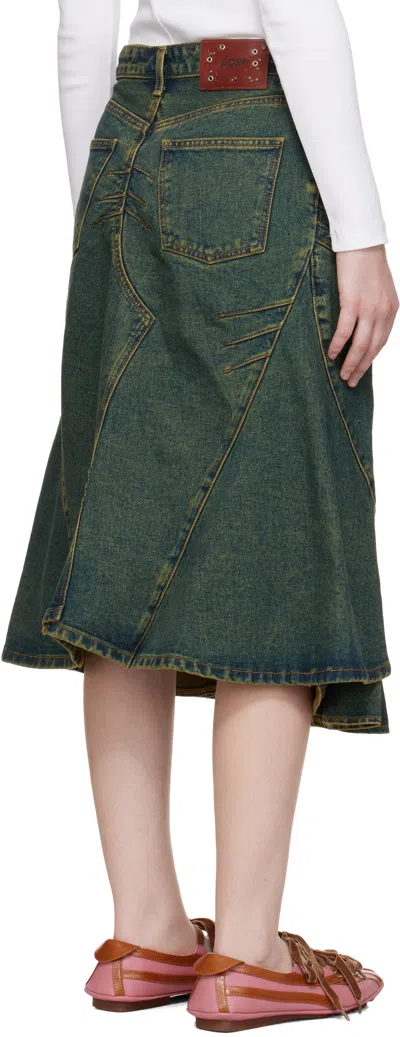 Andersson Bell Blue Custom Flare Layered Denim Midi Skirt In Green