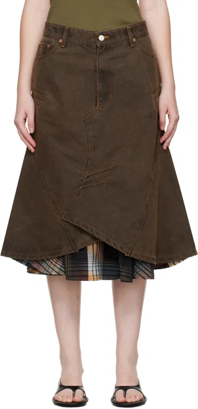Andersson Bell Brown Custom Flare Layered Denim Midi Skirt In Brown