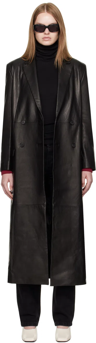 R2w Black Bakel Maxi Leather Coat In Black