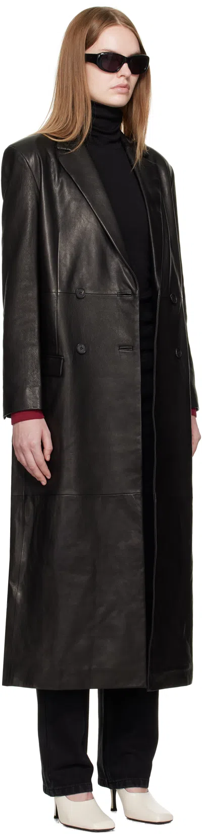 R2w Black Bakel Maxi Leather Coat In Black