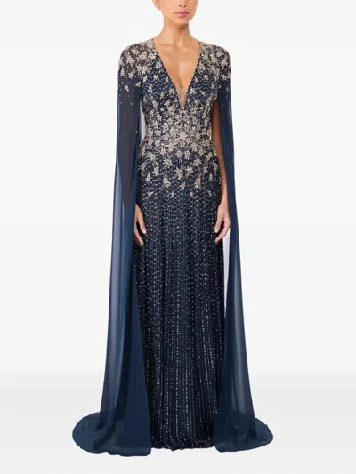 Jenny Packham Moonlight Star-embellished Cape-design Maxi Dress In Blue