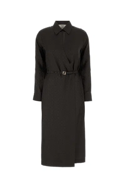 Fendi Silk Chess Ff Long Sleeve Midi Dress Dresses Brown In Gray