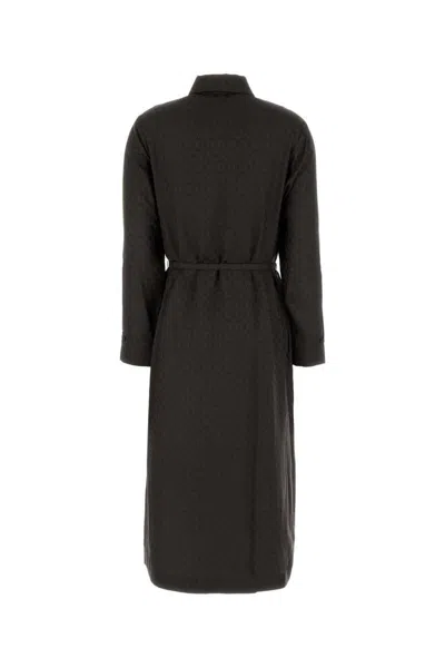 Fendi Silk Chess Ff Long Sleeve Midi Dress Dresses Brown In Gray