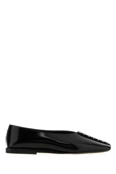 Jil Sander Pointed Toe Leather Ballerina Flats With Studs In Black