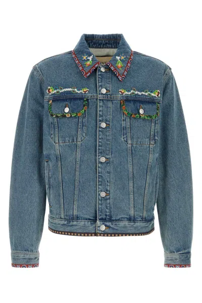 Valentino Garavani Men Beaded Embroidery And Printed Edges Denim Jacket In Blue