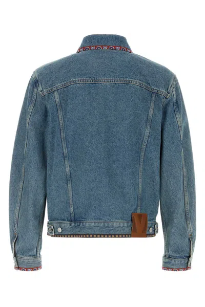 Valentino Garavani Men Beaded Embroidery And Printed Edges Denim Jacket In Blue