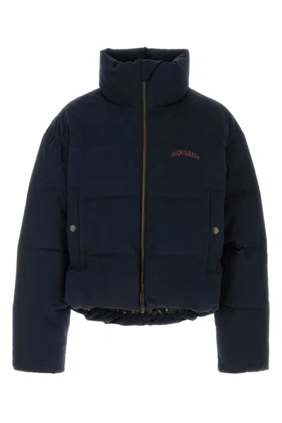 Dsquared2 High Collar Navy Puffer Jacket With Contrast Logo And Multicolor Heritage Lining In Blue