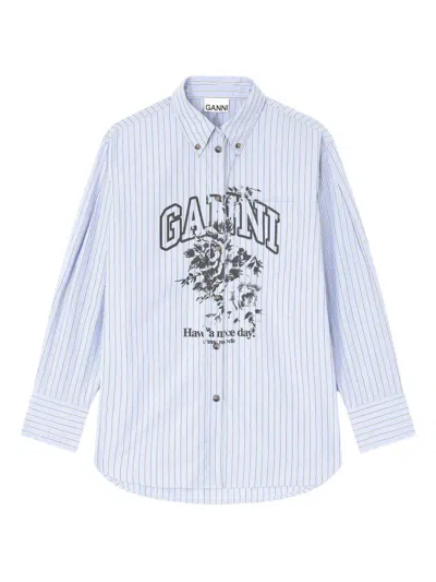 Ganni Striped Cotton Shirt With Print In Blue