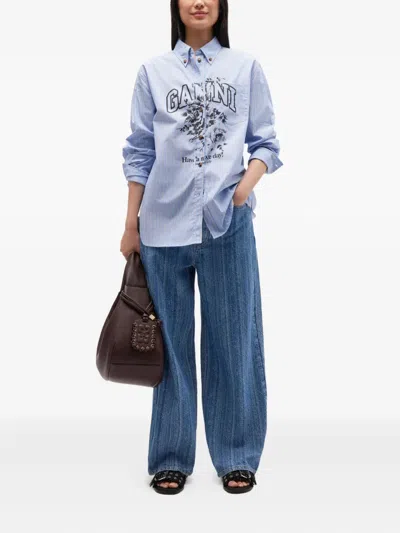 Ganni Striped Cotton Shirt With Print In Blue