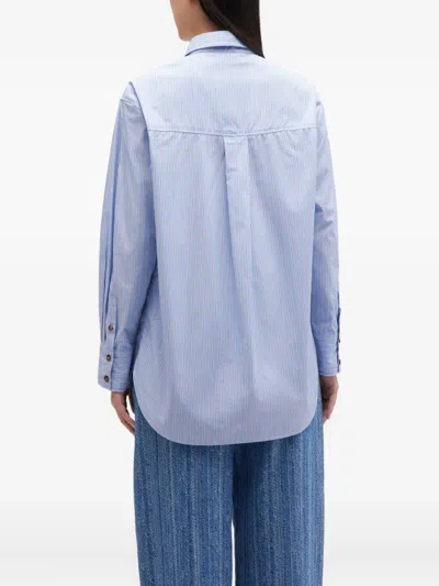 Ganni Striped Cotton Shirt With Print In Blue